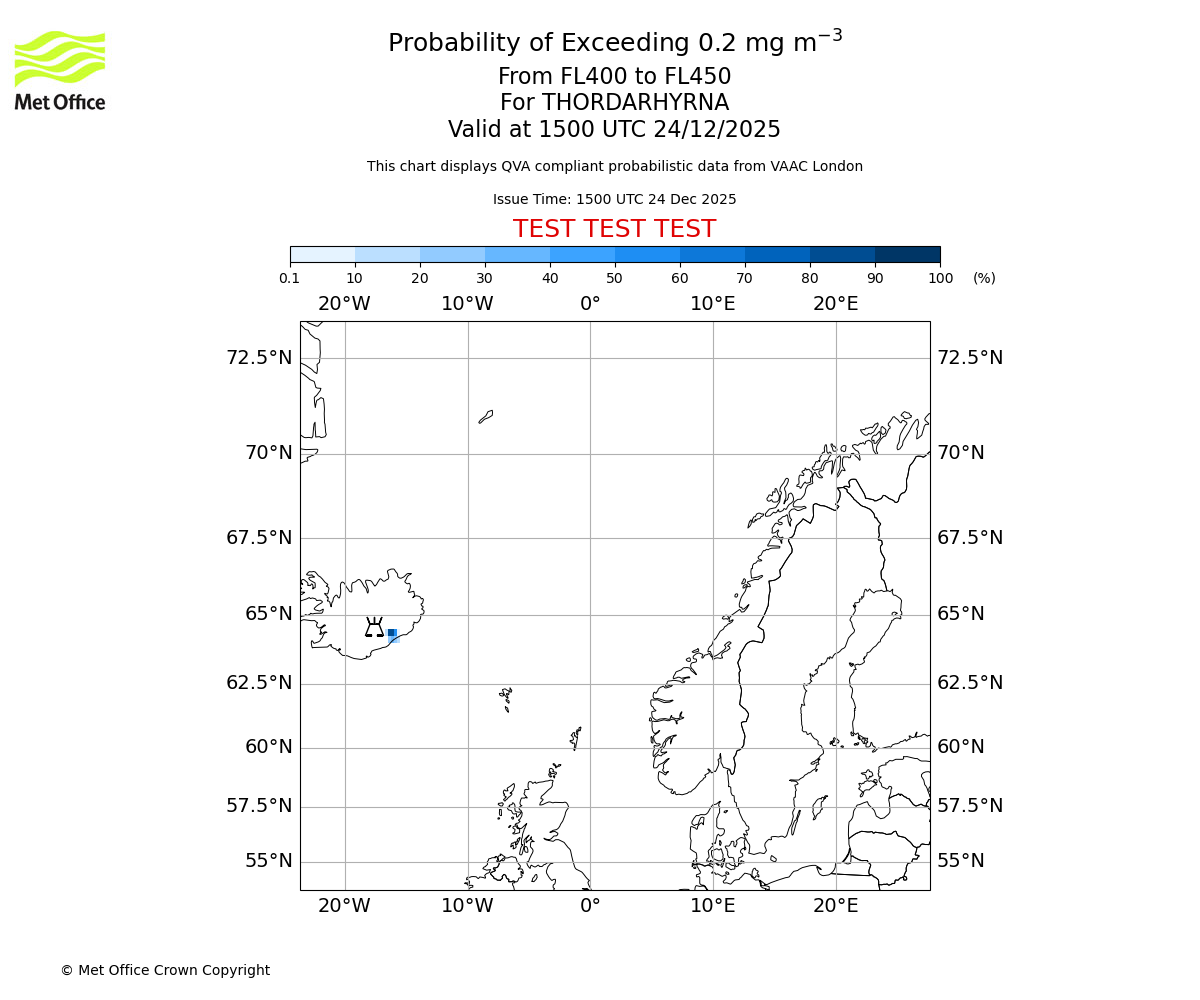 Probability of exceeding 0.2 milligrams per metre cubed. From 400 to 450 for THORDARHYRNA. Valid at 1500 UTC 24/12/2025