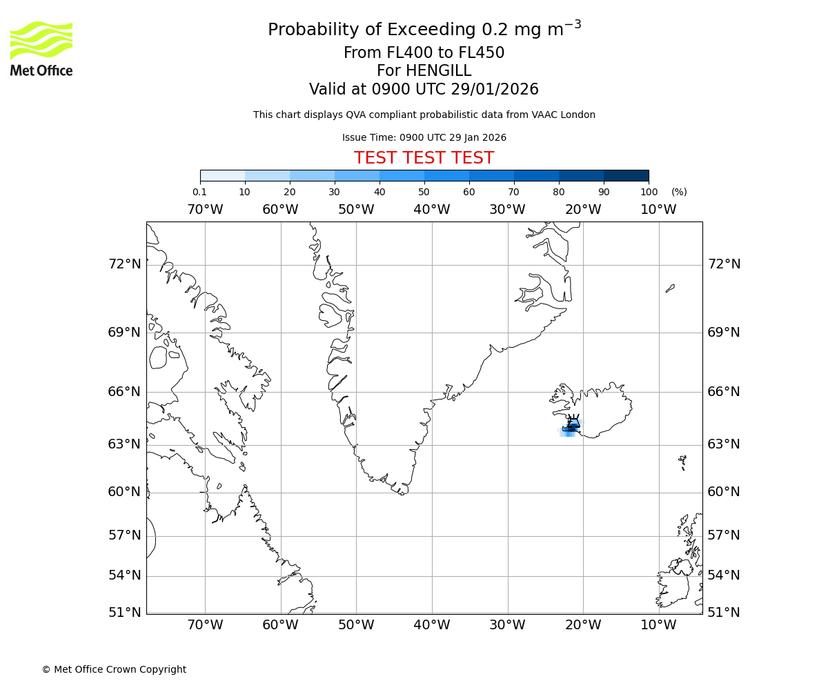 Probability of exceeding 0.2 milligrams per metre cubed. From 400 to 450 for HENGILL. Valid at 0900 UTC 29/01/2026
