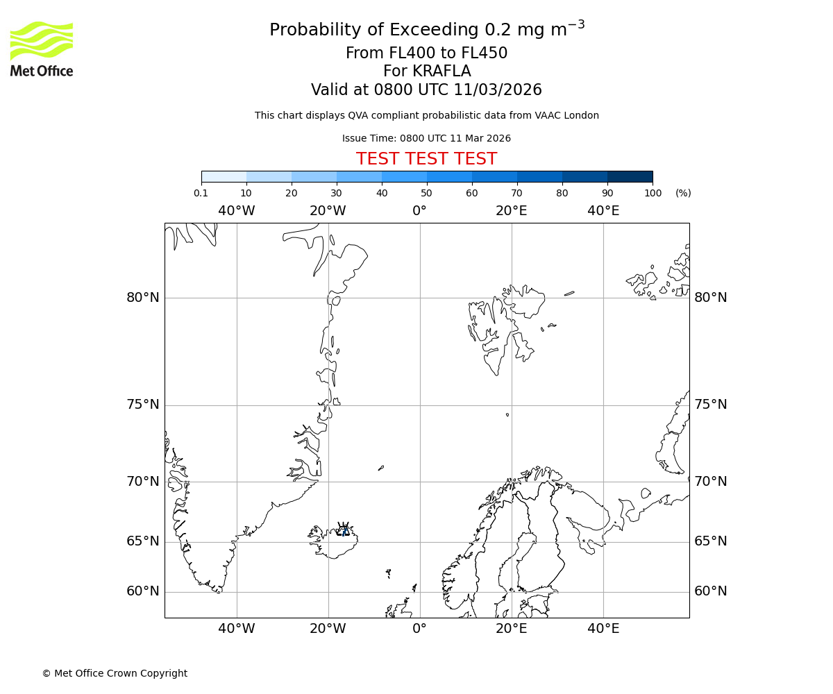Probability of exceeding 0.2 milligrams per metre cubed. From 400 to 450 for KRAFLA. Valid at 0800 UTC 11/03/2026