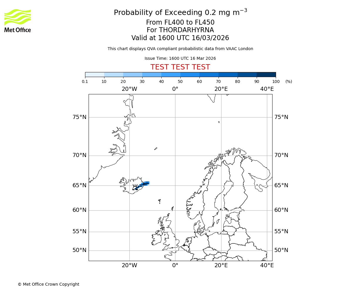 Probability of exceeding 0.2 milligrams per metre cubed. From 400 to 450 for THORDARHYRNA. Valid at 1600 UTC 16/03/2026
