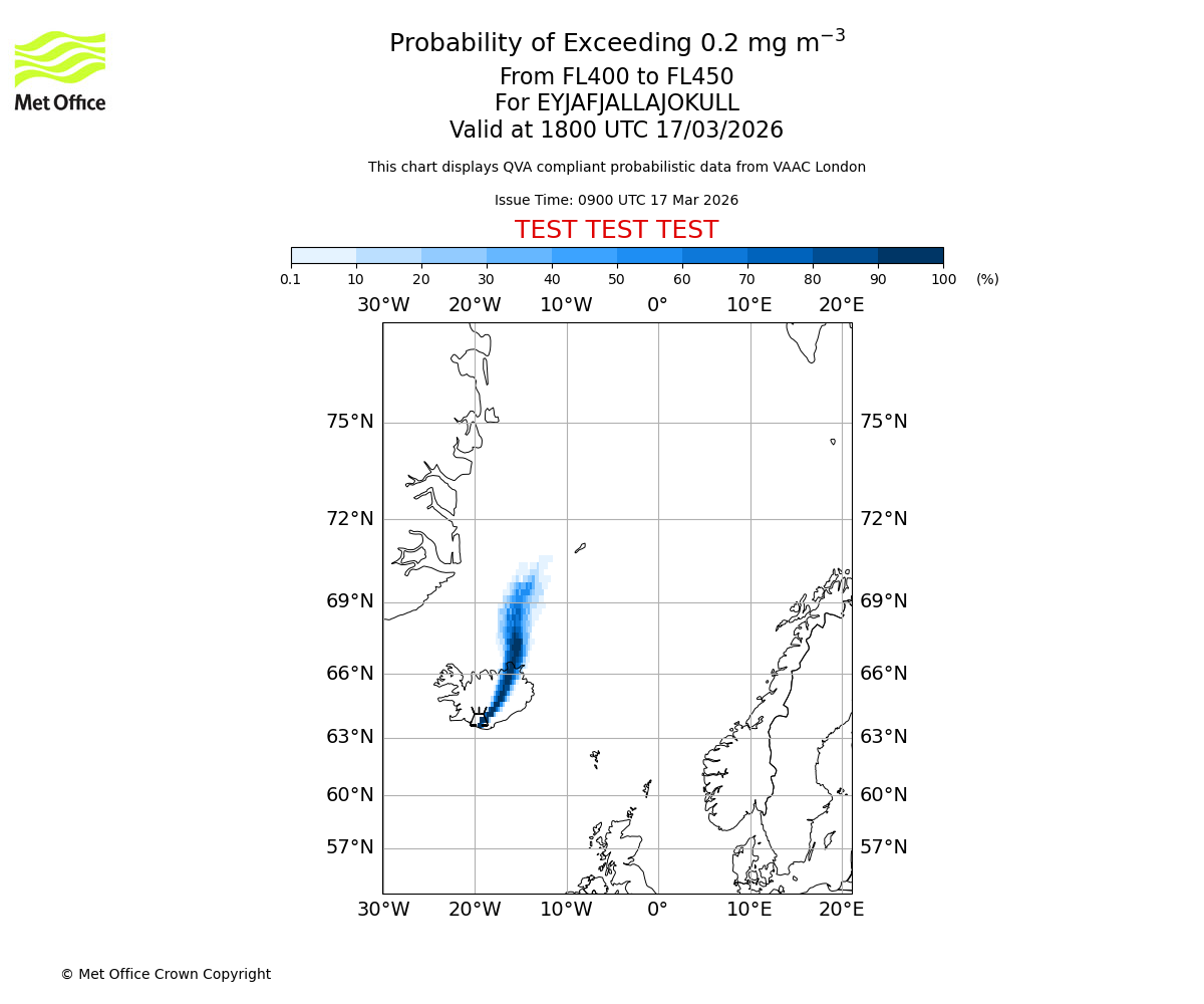 Probability of exceeding 0.2 milligrams per metre cubed. From 400 to 450 for EYJAFJALLAJOKULL. Valid at 1800 UTC 17/03/2026