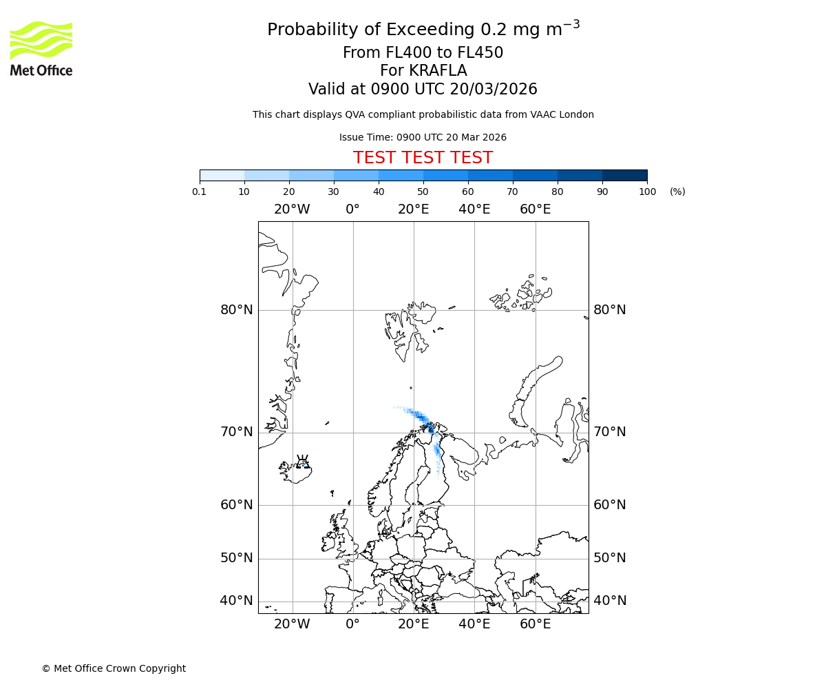 Probability of exceeding 0.2 milligrams per metre cubed. From 400 to 450 for KRAFLA. Valid at 0900 UTC 20/03/2026