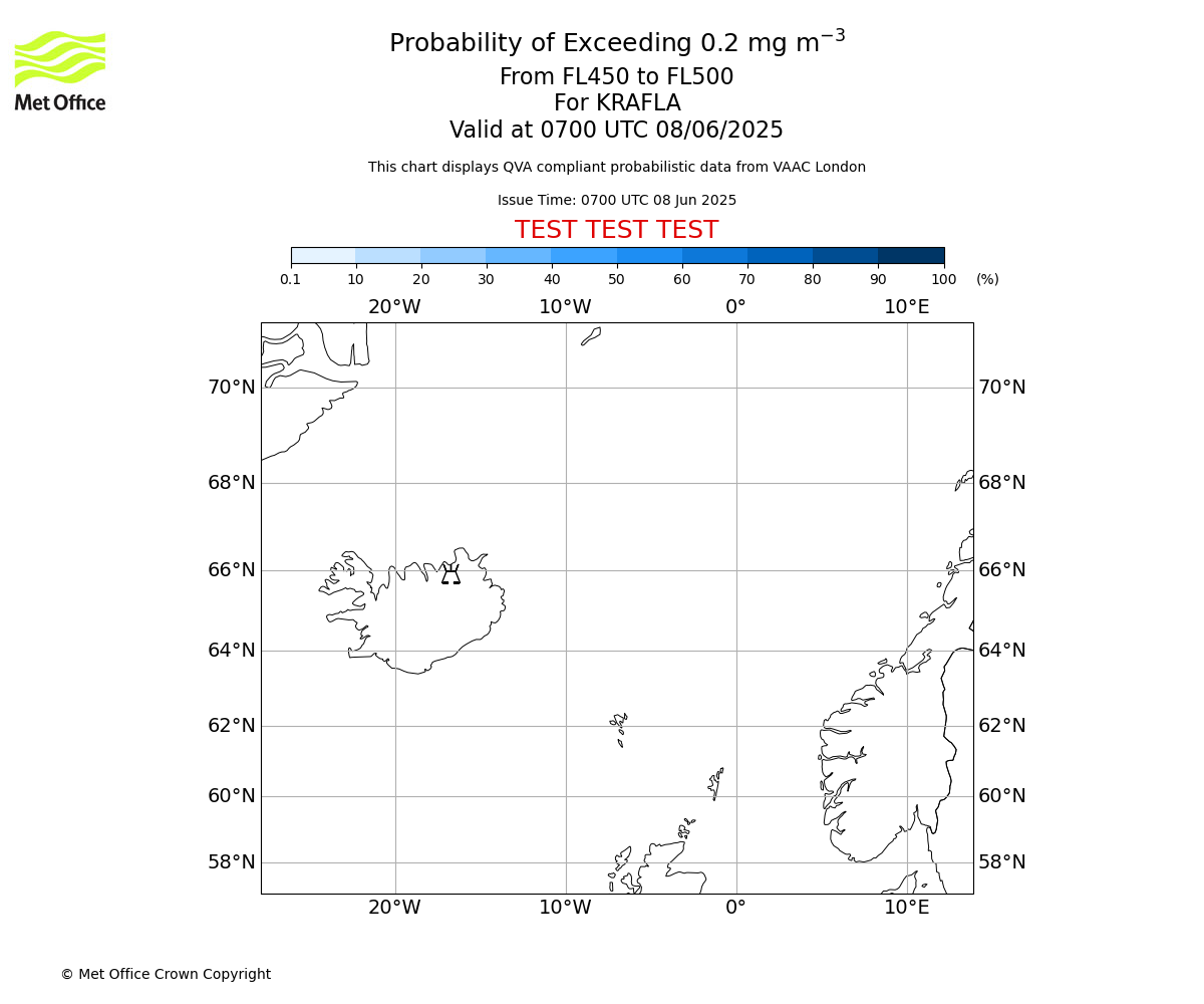 Probability of exceeding 0.2 milligrams per metre cubed. From 450 to 500 for KRAFLA. Valid at 0700 UTC 08/06/2025