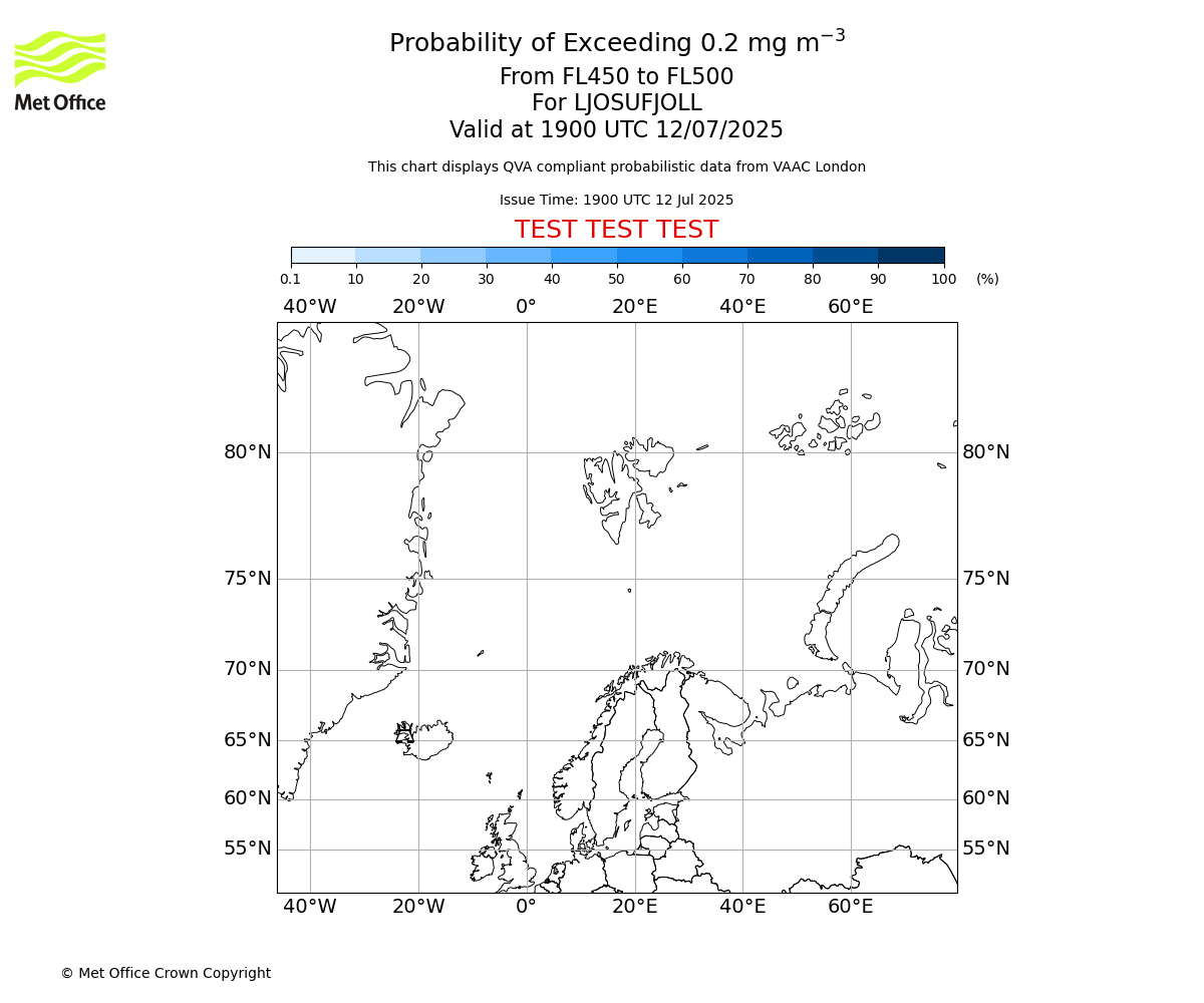 Probability of exceeding 0.2 milligrams per metre cubed. From 450 to 500 for LJOSUFJOLL. Valid at 1900 UTC 12/07/2025