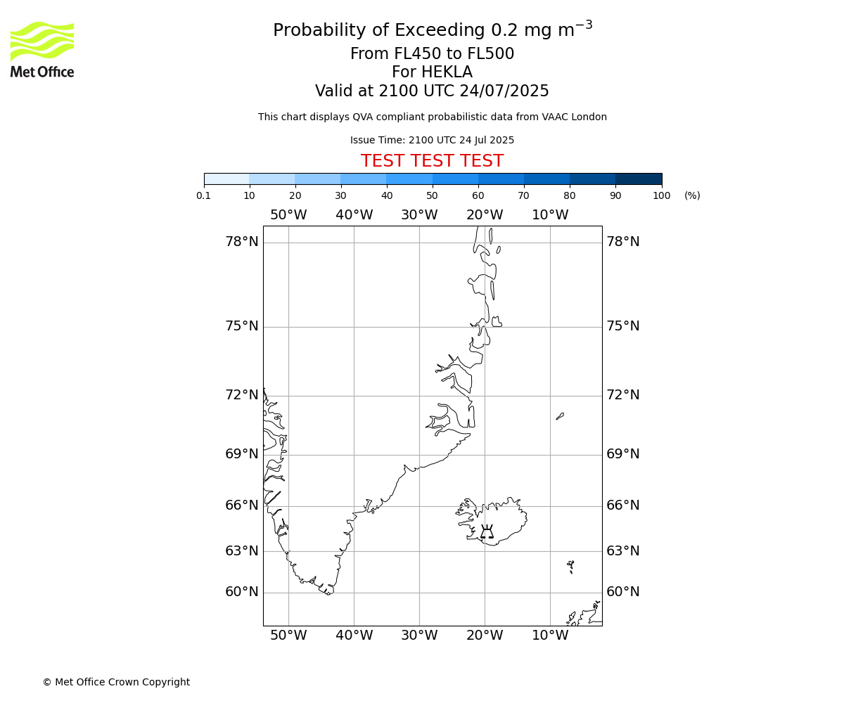 Probability of exceeding 0.2 milligrams per metre cubed. From 450 to 500 for HEKLA. Valid at 2100 UTC 24/07/2025