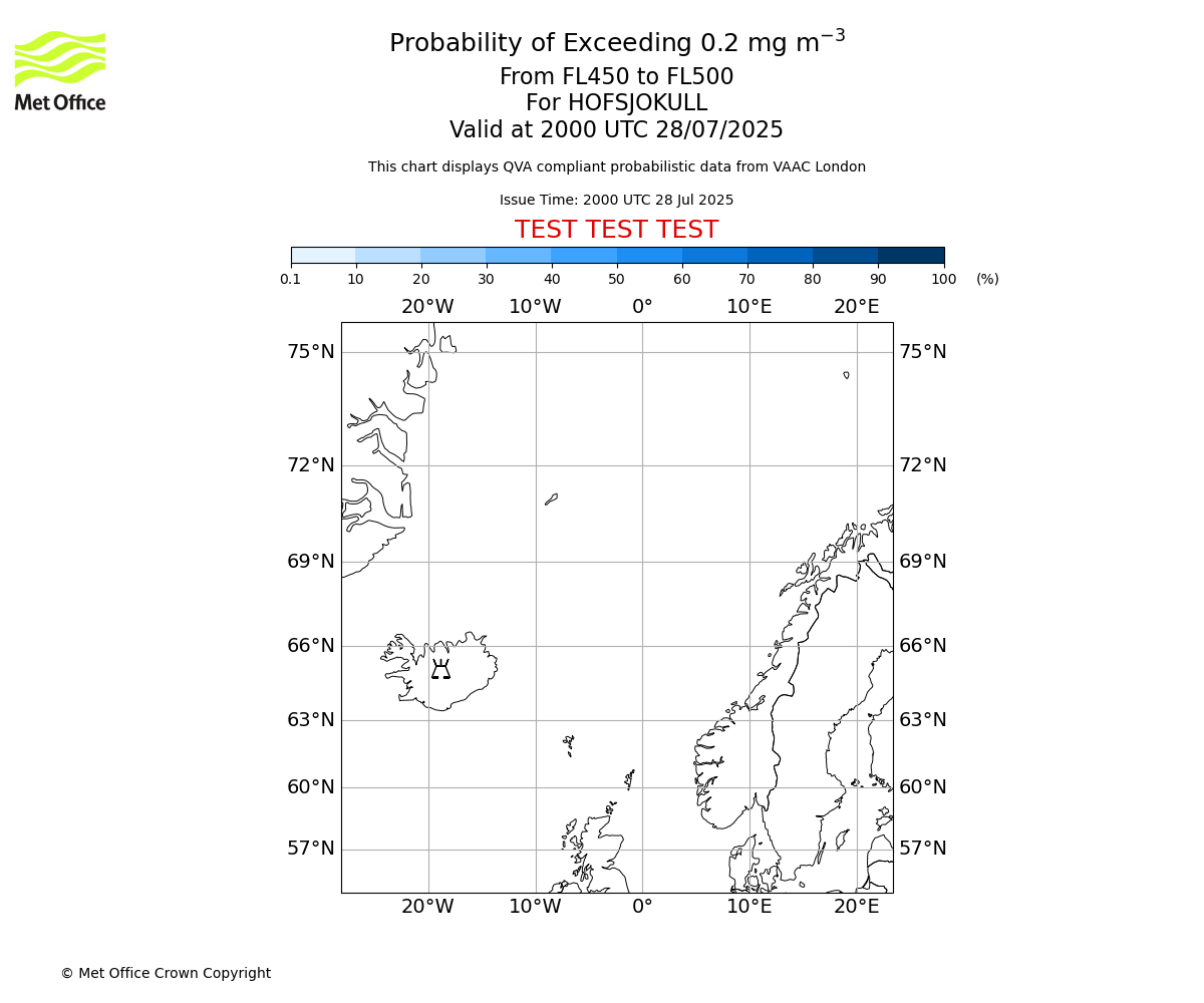 Probability of exceeding 0.2 milligrams per metre cubed. From 450 to 500 for HOFSJOKULL. Valid at 2000 UTC 28/07/2025