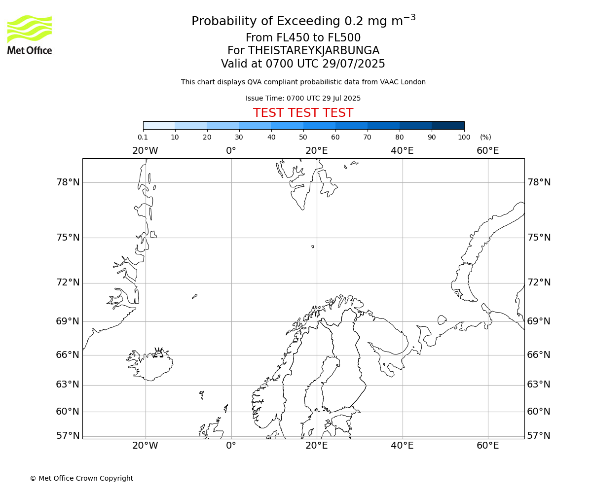 Probability of exceeding 0.2 milligrams per metre cubed. From 450 to 500 for THEISTAREYKJARBUNGA. Valid at 0700 UTC 29/07/2025
