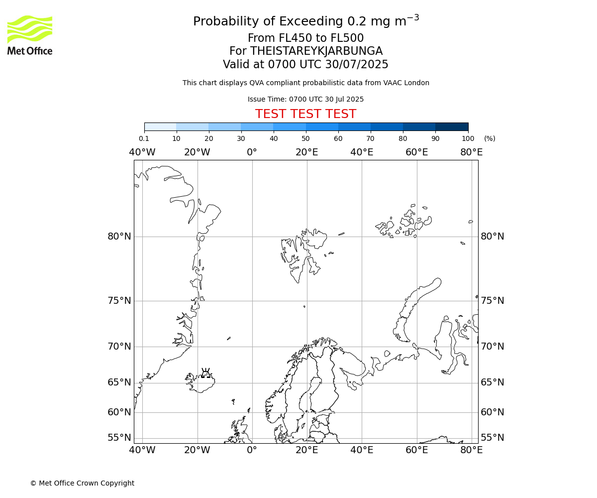 Probability of exceeding 0.2 milligrams per metre cubed. From 450 to 500 for THEISTAREYKJARBUNGA. Valid at 0700 UTC 30/07/2025