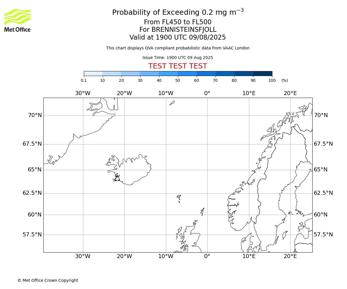 Probability of exceeding 0.2 milligrams per metre cubed. From 450 to 500 for BRENNISTEINSFJOLL. Valid at 1900 UTC 09/08/2025