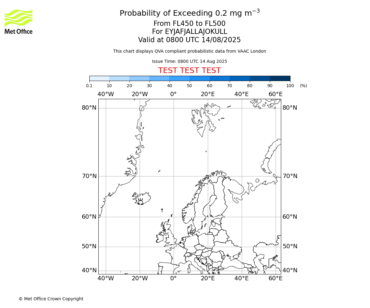 Probability of exceeding 0.2 milligrams per metre cubed. From 450 to 500 for EYJAFJALLAJOKULL. Valid at 0800 UTC 14/08/2025