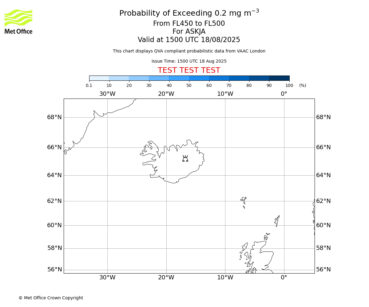 Probability of exceeding 0.2 milligrams per metre cubed. From 450 to 500 for ASKJA. Valid at 1500 UTC 18/08/2025