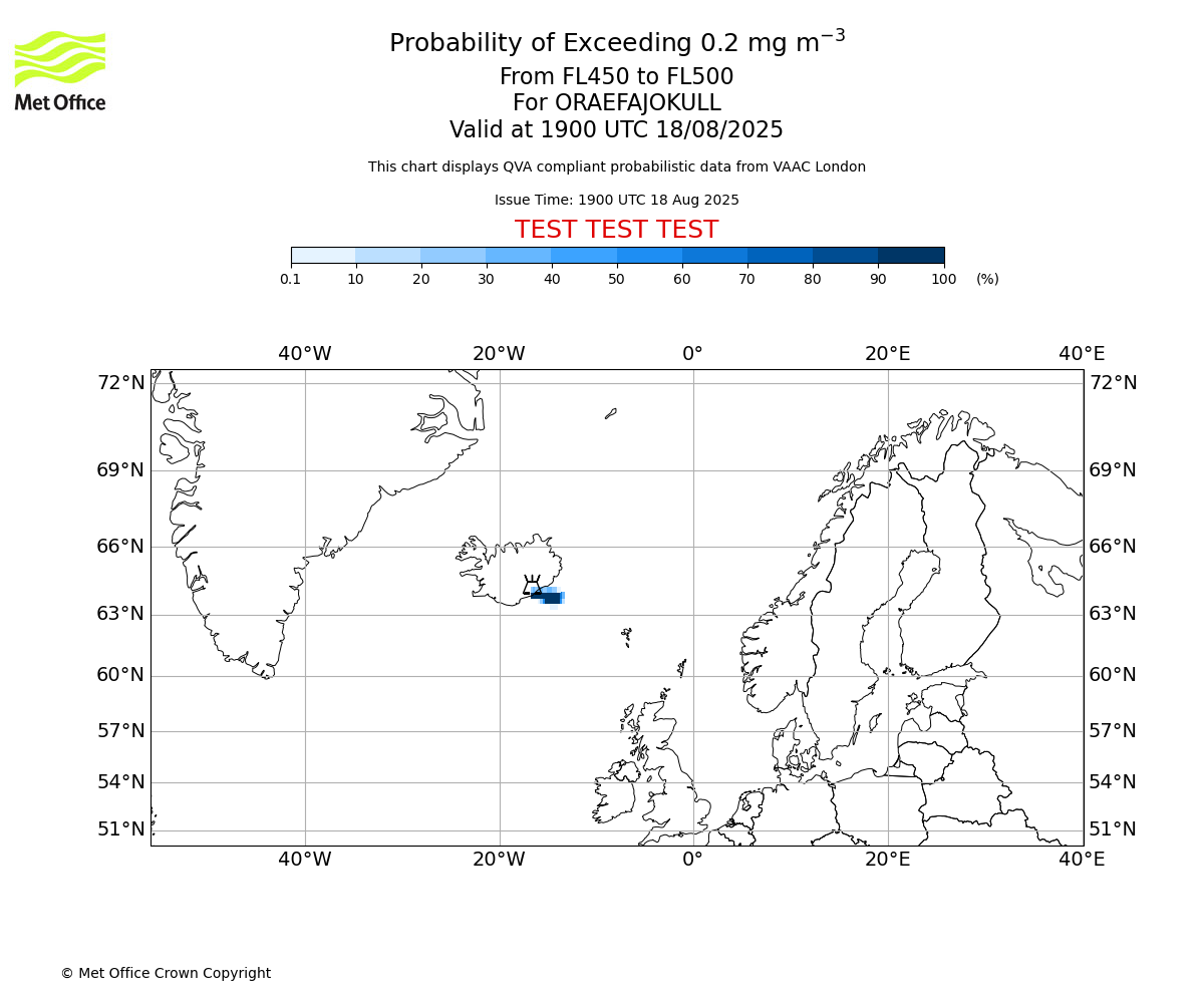 Probability of exceeding 0.2 milligrams per metre cubed. From 450 to 500 for ORAEFAJOKULL. Valid at 1900 UTC 18/08/2025