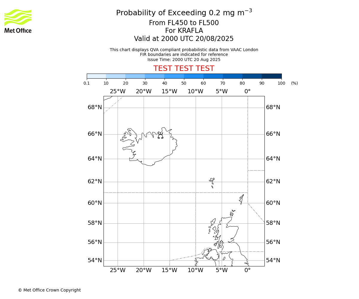 Probability of exceeding 0.2 milligrams per metre cubed. From 450 to 500 for KRAFLA. Valid at 2000 UTC 20/08/2025