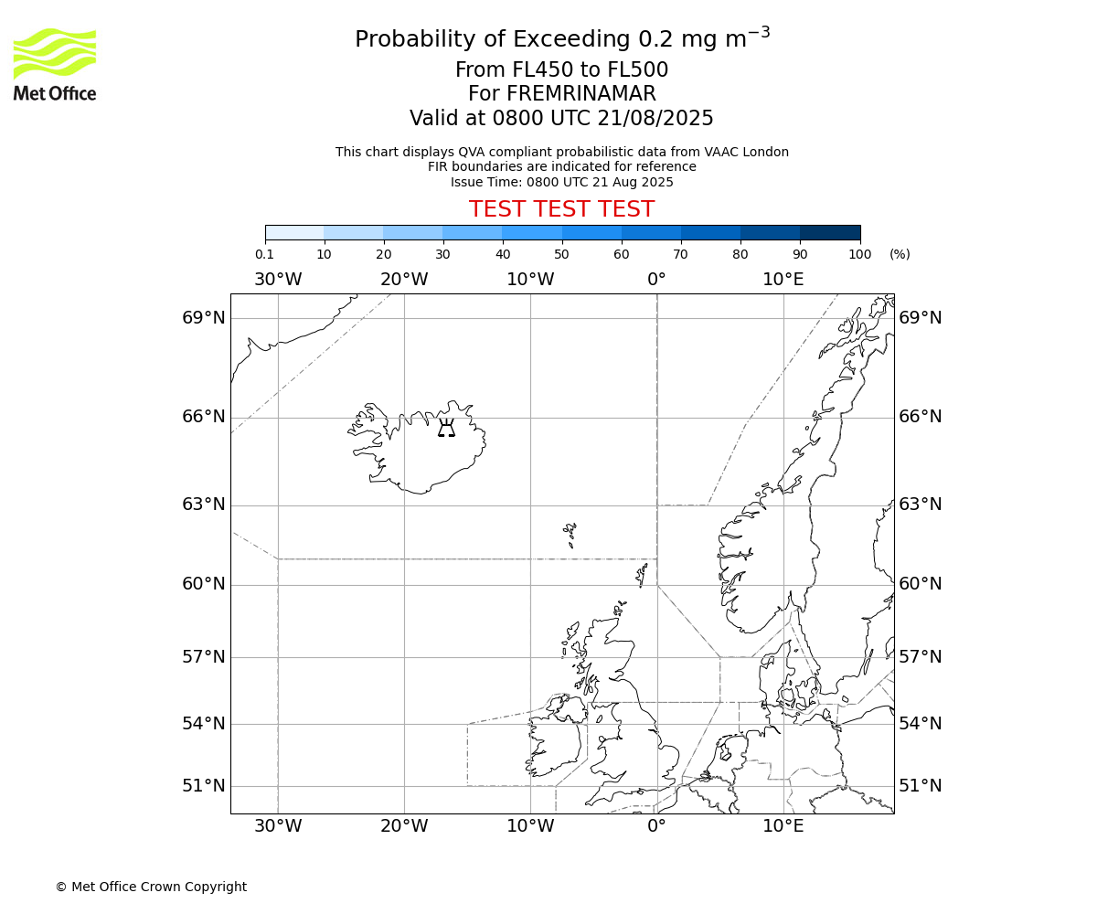 Probability of exceeding 0.2 milligrams per metre cubed. From 450 to 500 for FREMRINAMAR. Valid at 0800 UTC 21/08/2025