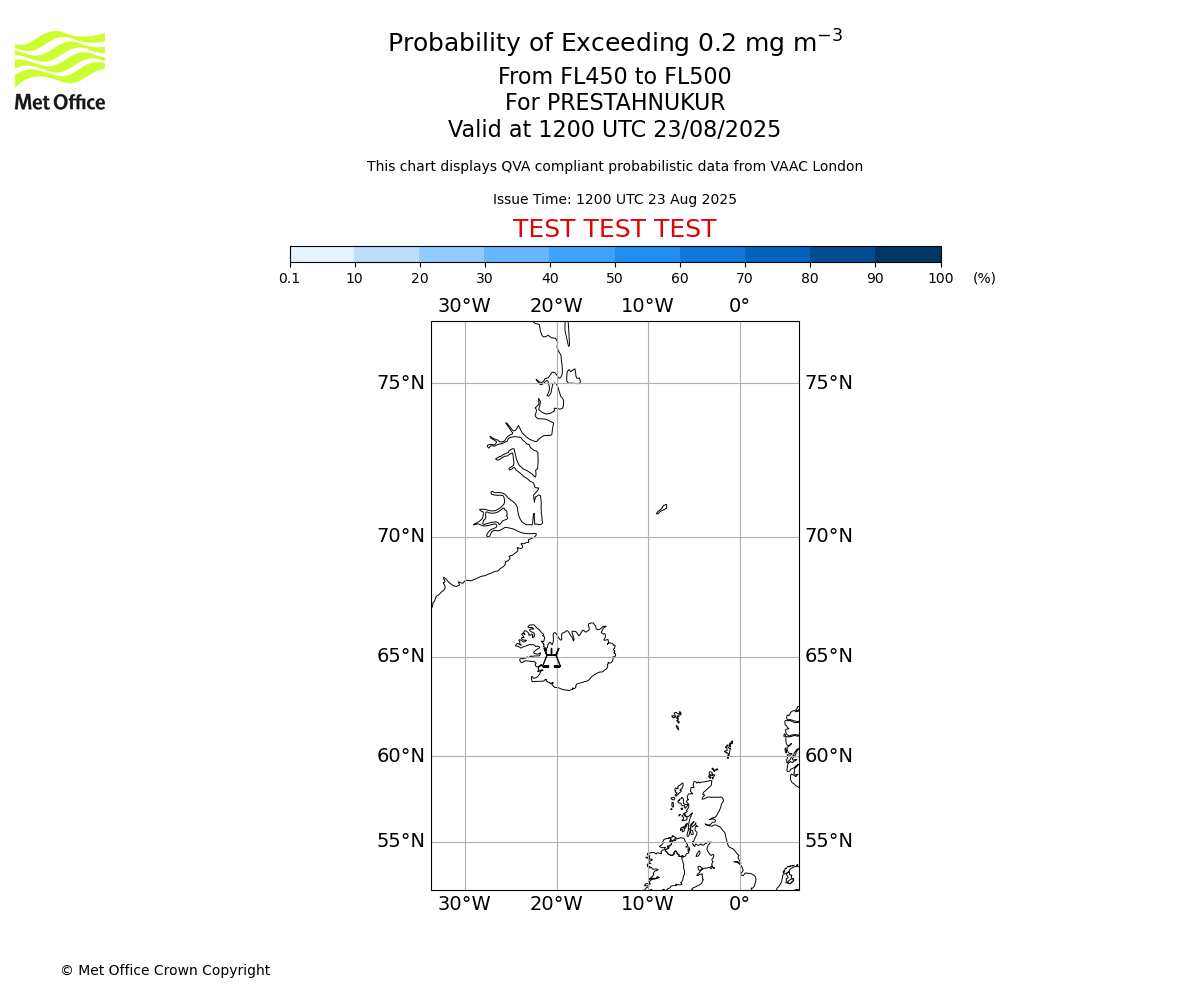 Probability of exceeding 0.2 milligrams per metre cubed. From 450 to 500 for PRESTAHNUKUR. Valid at 1200 UTC 23/08/2025
