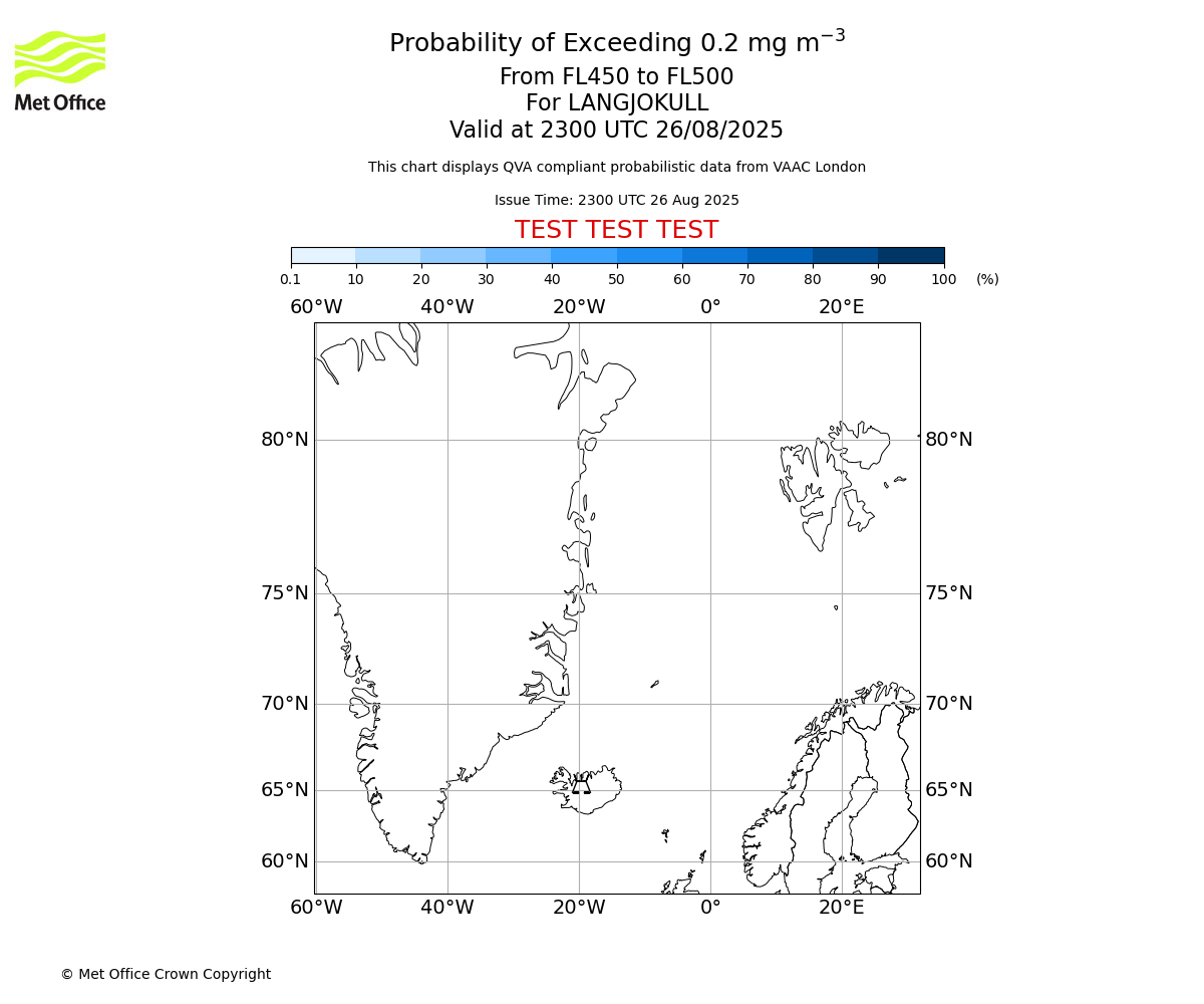 Probability of exceeding 0.2 milligrams per metre cubed. From 450 to 500 for LANGJOKULL. Valid at 2300 UTC 26/08/2025