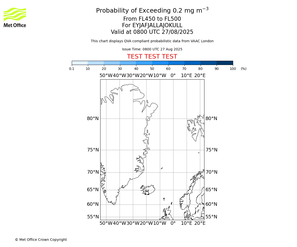 Probability of exceeding 0.2 milligrams per metre cubed. From 450 to 500 for EYJAFJALLAJOKULL. Valid at 0800 UTC 27/08/2025
