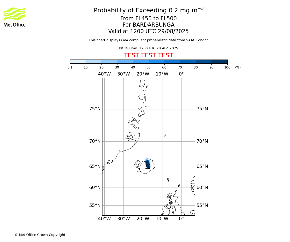 Probability of exceeding 0.2 milligrams per metre cubed. From 450 to 500 for BARDARBUNGA. Valid at 1200 UTC 29/08/2025