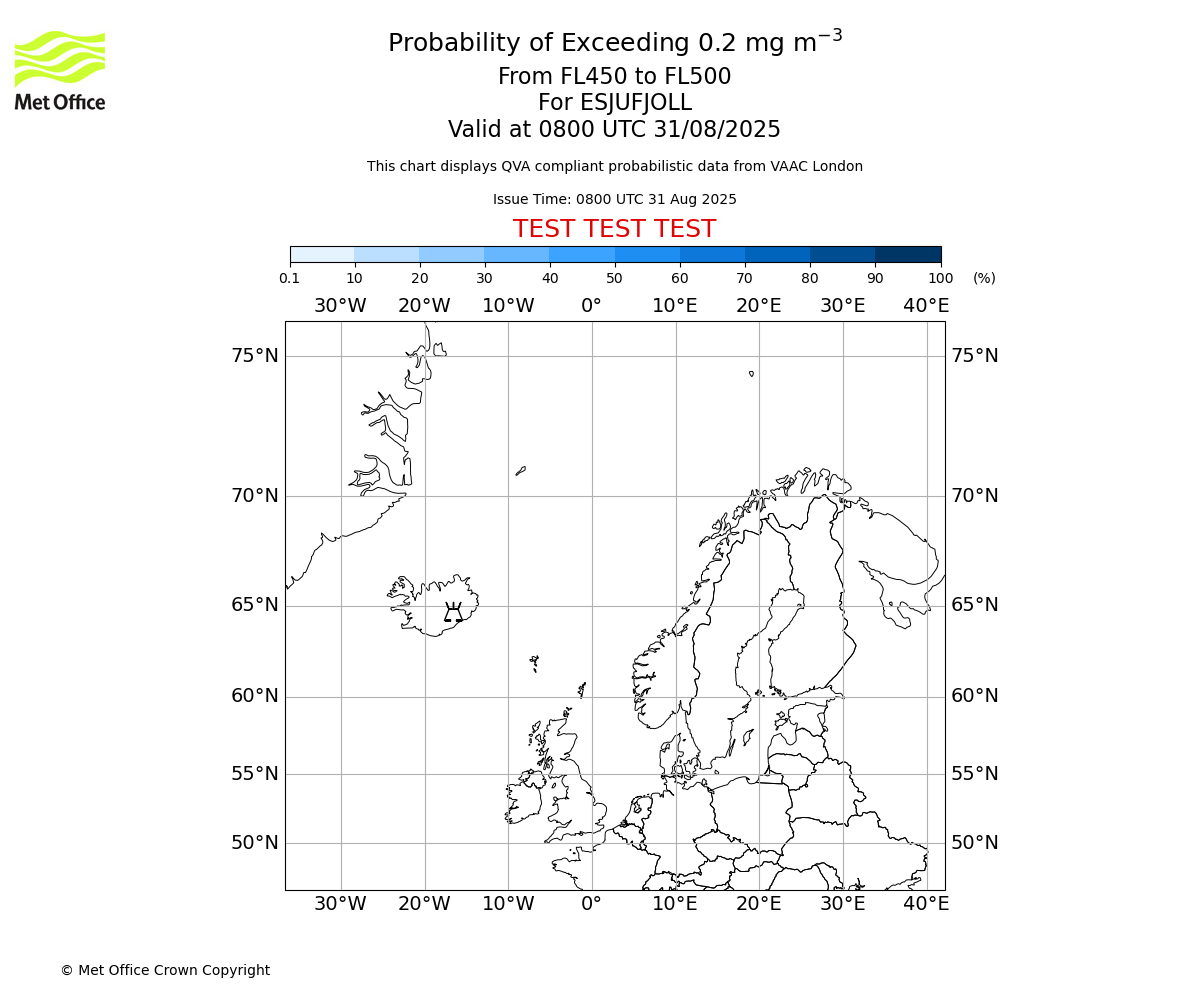 Probability of exceeding 0.2 milligrams per metre cubed. From 450 to 500 for ESJUFJOLL. Valid at 0800 UTC 31/08/2025