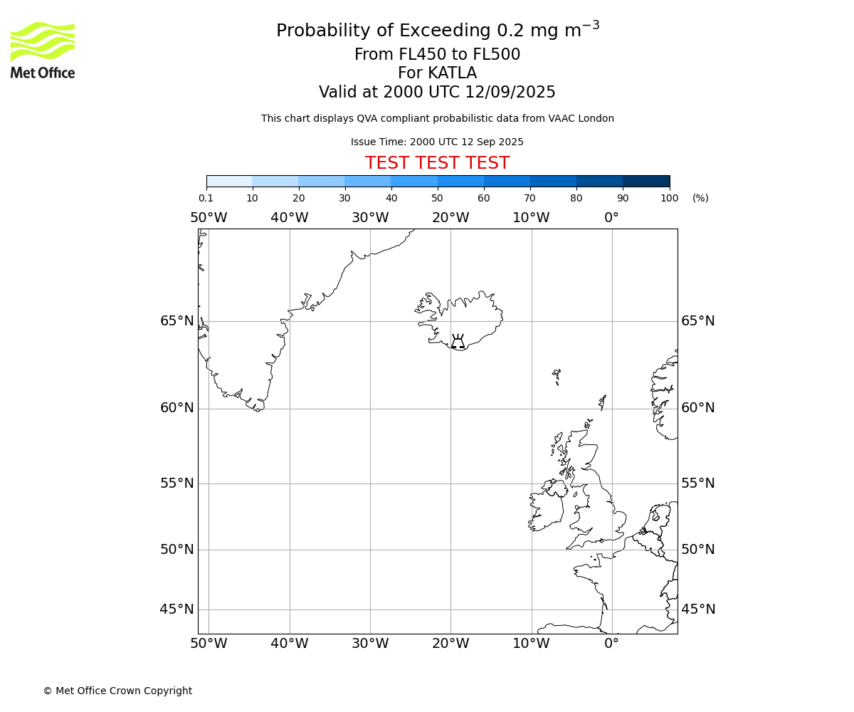 Probability of exceeding 0.2 milligrams per metre cubed. From 450 to 500 for KATLA. Valid at 2000 UTC 12/09/2025