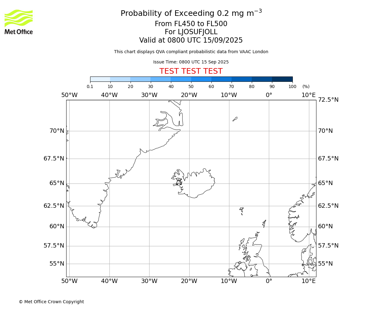 Probability of exceeding 0.2 milligrams per metre cubed. From 450 to 500 for LJOSUFJOLL. Valid at 0800 UTC 15/09/2025