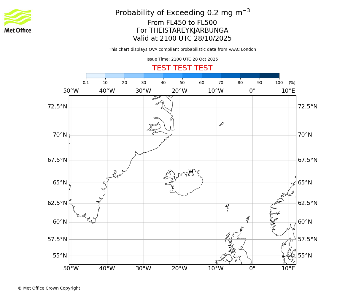 Probability of exceeding 0.2 milligrams per metre cubed. From 450 to 500 for THEISTAREYKJARBUNGA. Valid at 2100 UTC 28/10/2025