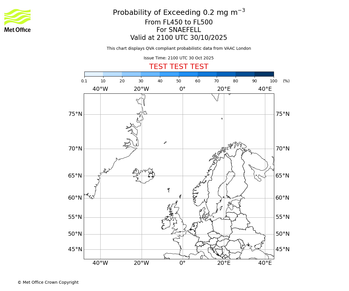 Probability of exceeding 0.2 milligrams per metre cubed. From 450 to 500 for SNAEFELL. Valid at 2100 UTC 30/10/2025