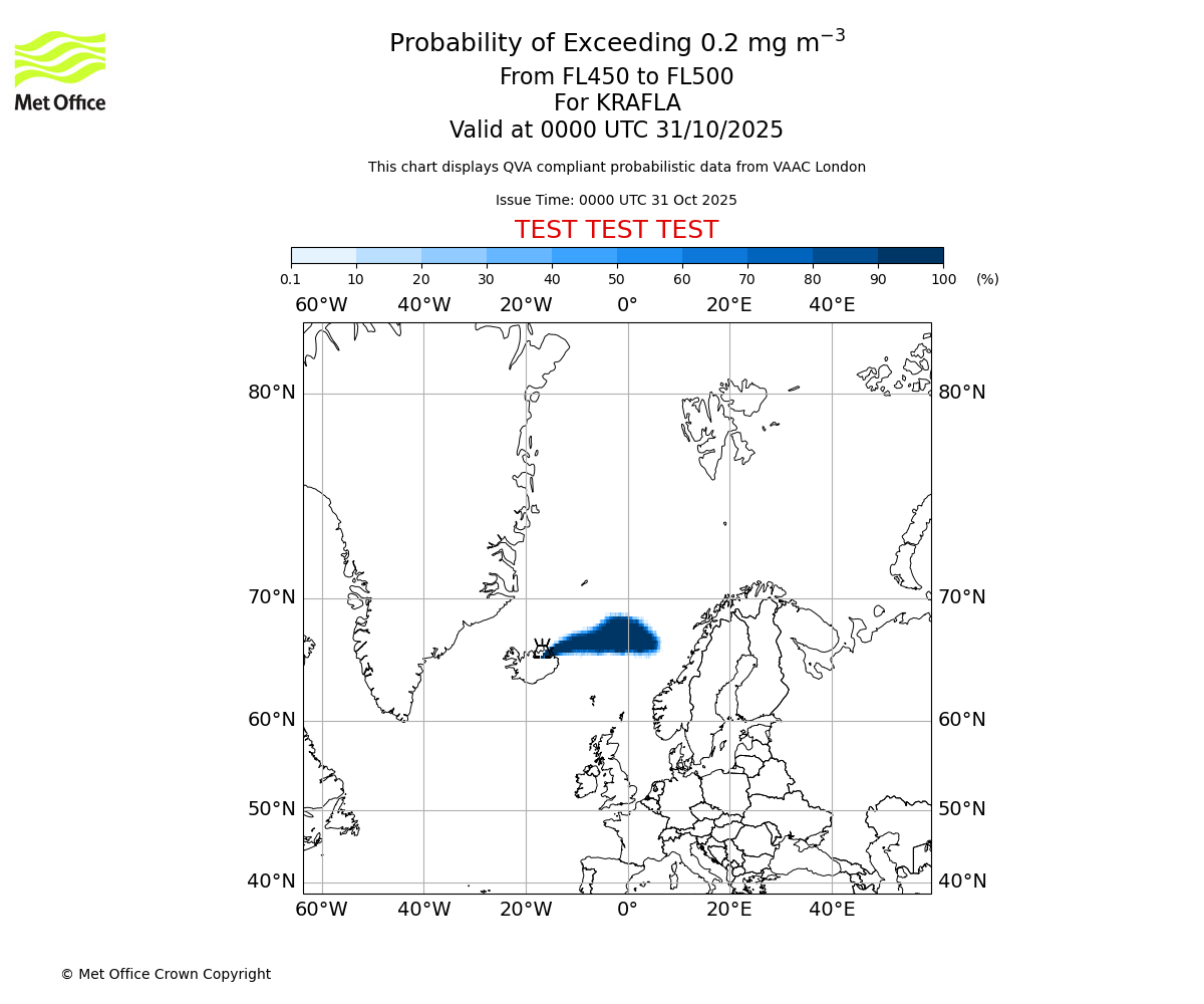 Probability of exceeding 0.2 milligrams per metre cubed. From 450 to 500 for KRAFLA. Valid at 0000 UTC 31/10/2025