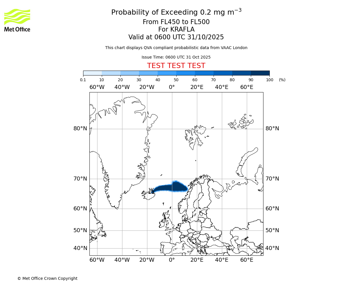 Probability of exceeding 0.2 milligrams per metre cubed. From 450 to 500 for KRAFLA. Valid at 0600 UTC 31/10/2025