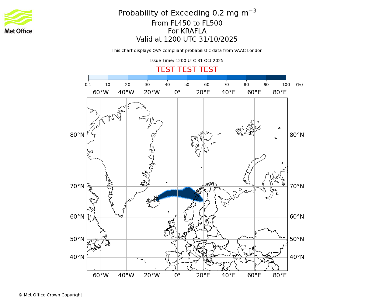 Probability of exceeding 0.2 milligrams per metre cubed. From 450 to 500 for KRAFLA. Valid at 1200 UTC 31/10/2025