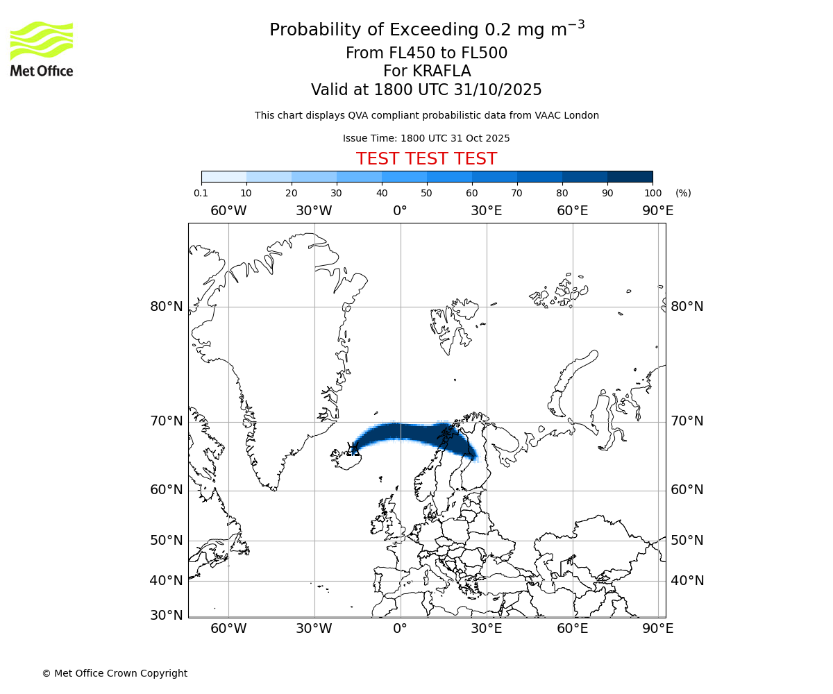 Probability of exceeding 0.2 milligrams per metre cubed. From 450 to 500 for KRAFLA. Valid at 1800 UTC 31/10/2025
