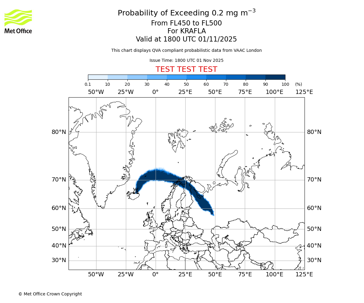 Probability of exceeding 0.2 milligrams per metre cubed. From 450 to 500 for KRAFLA. Valid at 1800 UTC 01/11/2025
