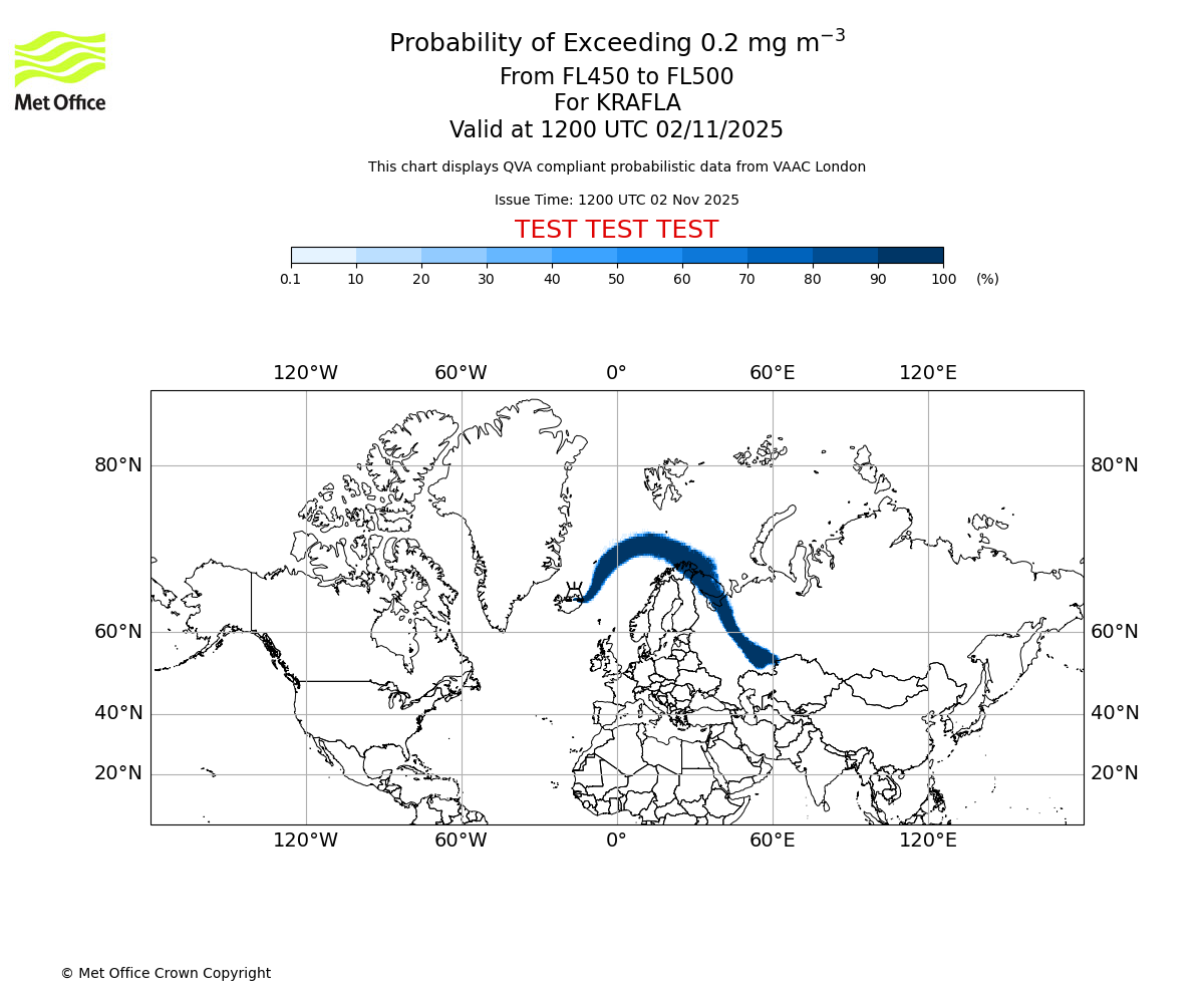 Probability of exceeding 0.2 milligrams per metre cubed. From 450 to 500 for KRAFLA. Valid at 1200 UTC 02/11/2025