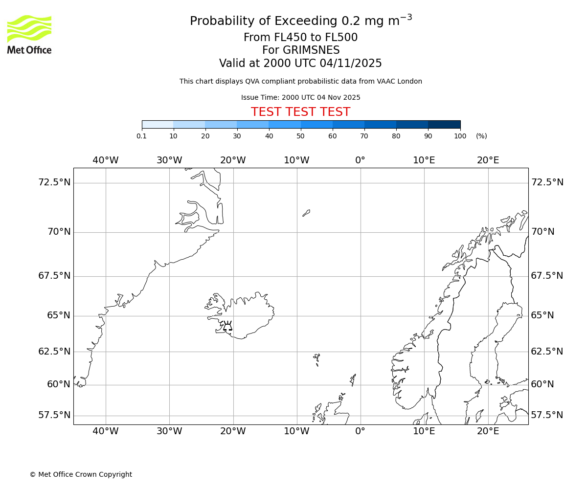 Probability of exceeding 0.2 milligrams per metre cubed. From 450 to 500 for GRIMSNES. Valid at 2000 UTC 04/11/2025