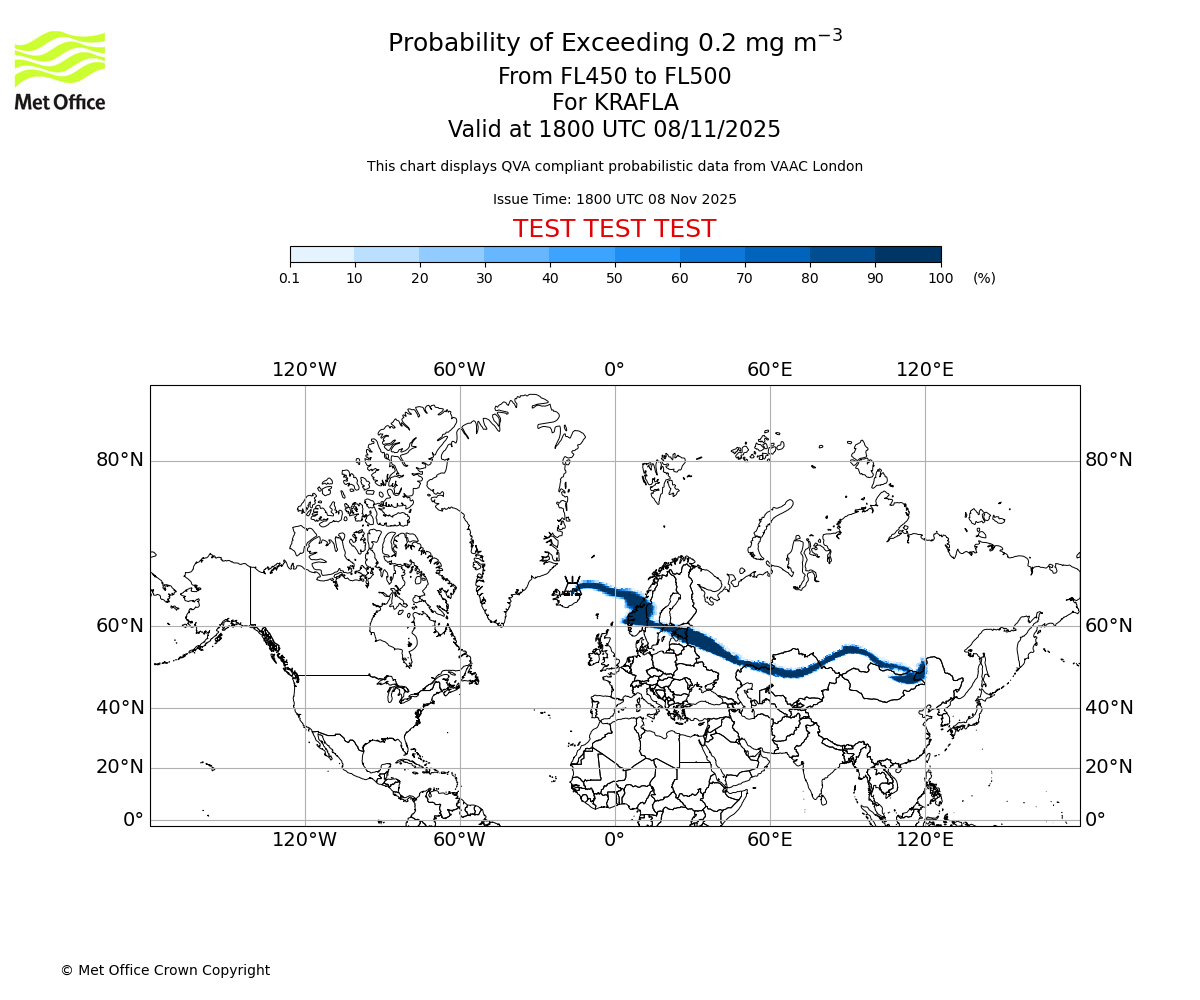 Probability of exceeding 0.2 milligrams per metre cubed. From 450 to 500 for KRAFLA. Valid at 1800 UTC 08/11/2025