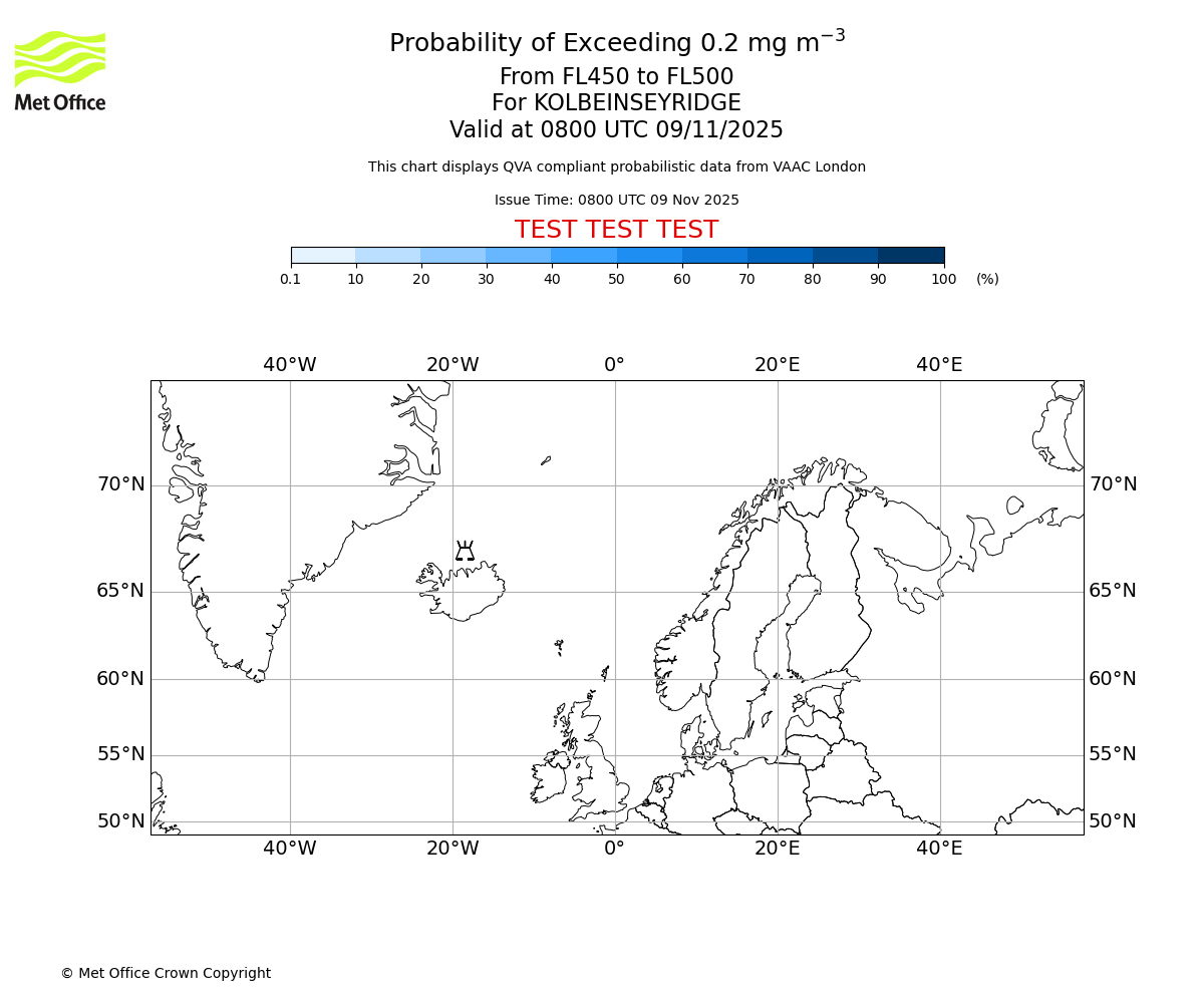Probability of exceeding 0.2 milligrams per metre cubed. From 450 to 500 for KOLBEINSEYRIDGE. Valid at 0800 UTC 09/11/2025
