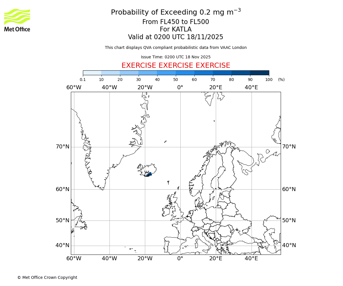 Probability of exceeding 0.2 milligrams per metre cubed. From 450 to 500 for KATLA. Valid at 0200 UTC 18/11/2025