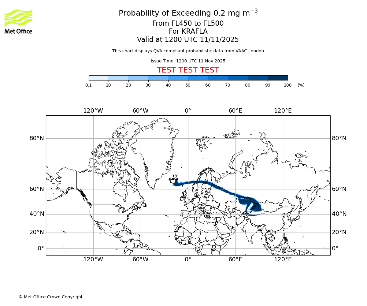 Probability of exceeding 0.2 milligrams per metre cubed. From 450 to 500 for KRAFLA. Valid at 1200 UTC 11/11/2025