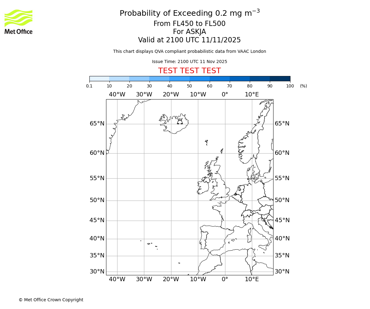 Probability of exceeding 0.2 milligrams per metre cubed. From 450 to 500 for ASKJA. Valid at 2100 UTC 11/11/2025