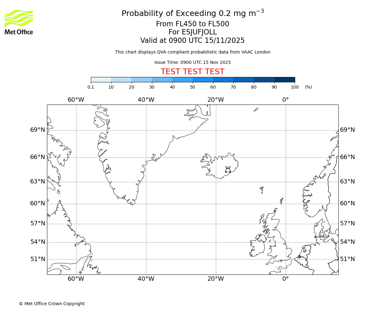Probability of exceeding 0.2 milligrams per metre cubed. From 450 to 500 for ESJUFJOLL. Valid at 0900 UTC 15/11/2025