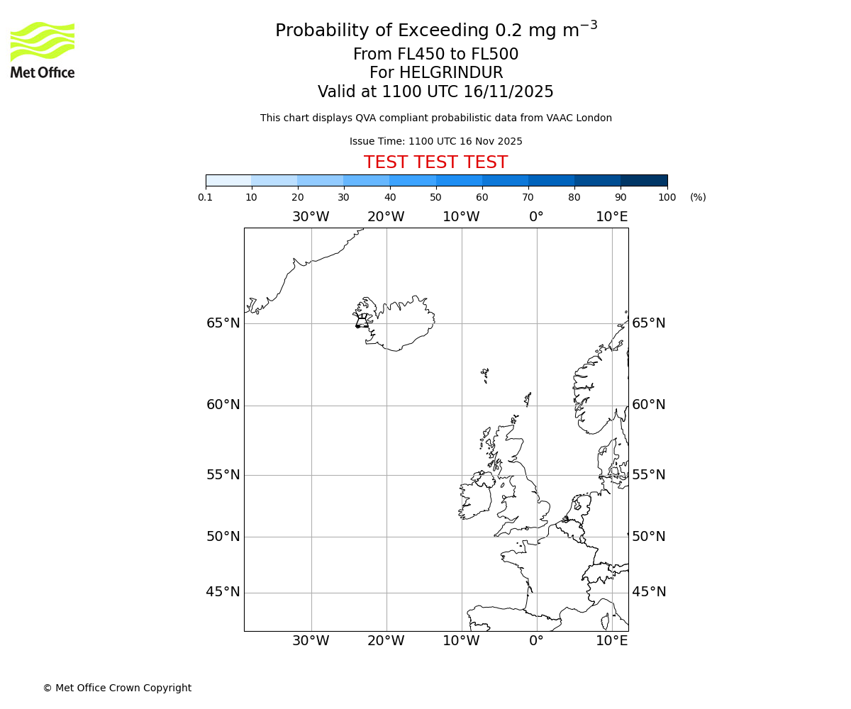 Probability of exceeding 0.2 milligrams per metre cubed. From 450 to 500 for HELGRINDUR. Valid at 1100 UTC 16/11/2025