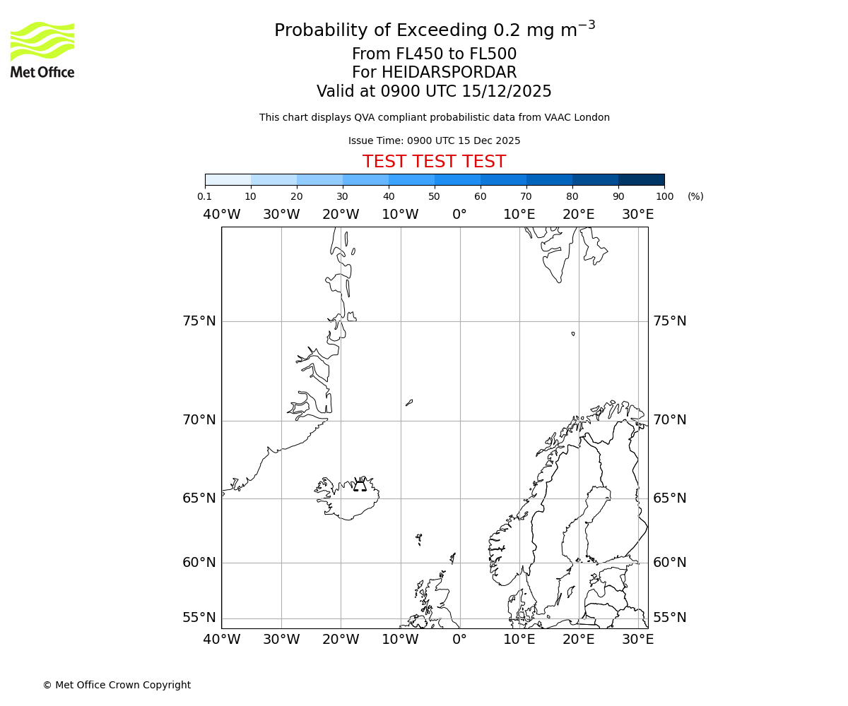 Probability of exceeding 0.2 milligrams per metre cubed. From 450 to 500 for HEIDARSPORDAR. Valid at 0900 UTC 15/12/2025