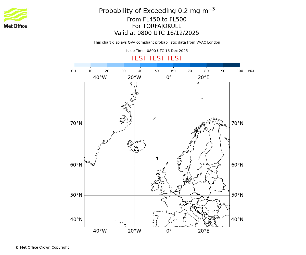 Probability of exceeding 0.2 milligrams per metre cubed. From 450 to 500 for TORFAJOKULL. Valid at 0800 UTC 16/12/2025