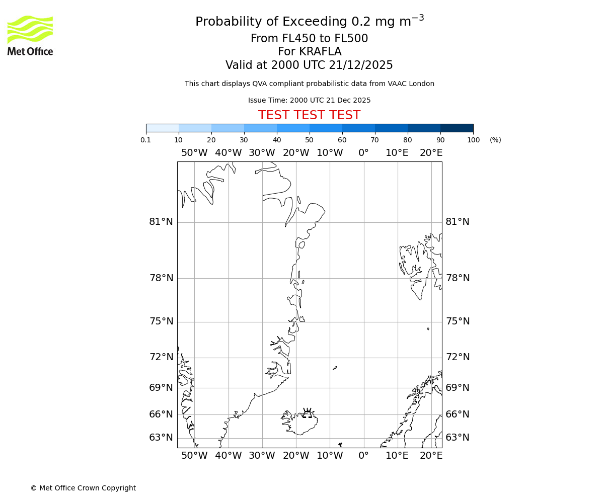 Probability of exceeding 0.2 milligrams per metre cubed. From 450 to 500 for KRAFLA. Valid at 2000 UTC 21/12/2025