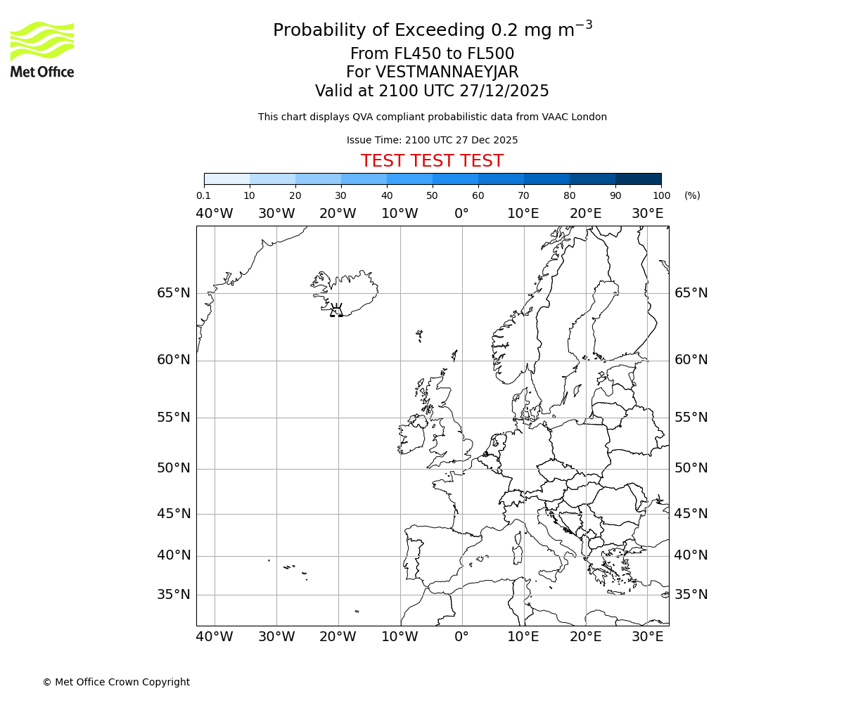 Probability of exceeding 0.2 milligrams per metre cubed. From 450 to 500 for VESTMANNAEYJAR. Valid at 2100 UTC 27/12/2025