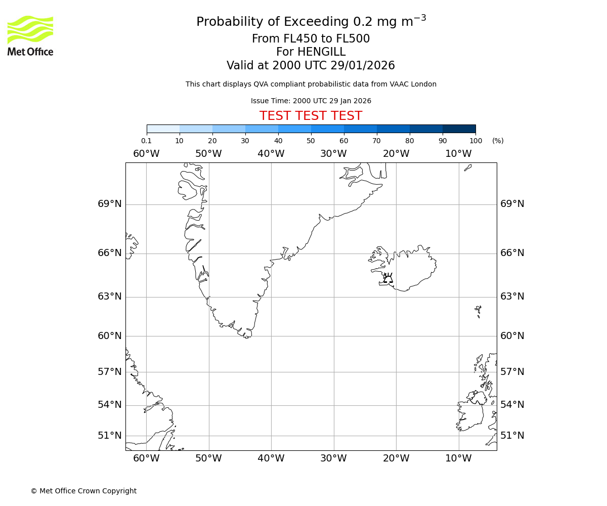 Probability of exceeding 0.2 milligrams per metre cubed. From 450 to 500 for HENGILL. Valid at 2000 UTC 29/01/2026