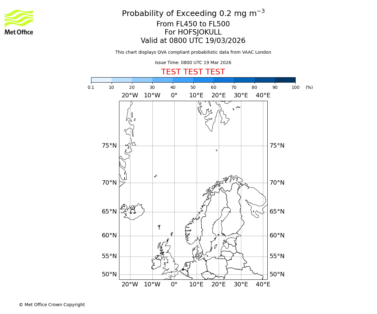 Probability of exceeding 0.2 milligrams per metre cubed. From 450 to 500 for HOFSJOKULL. Valid at 0800 UTC 19/03/2026