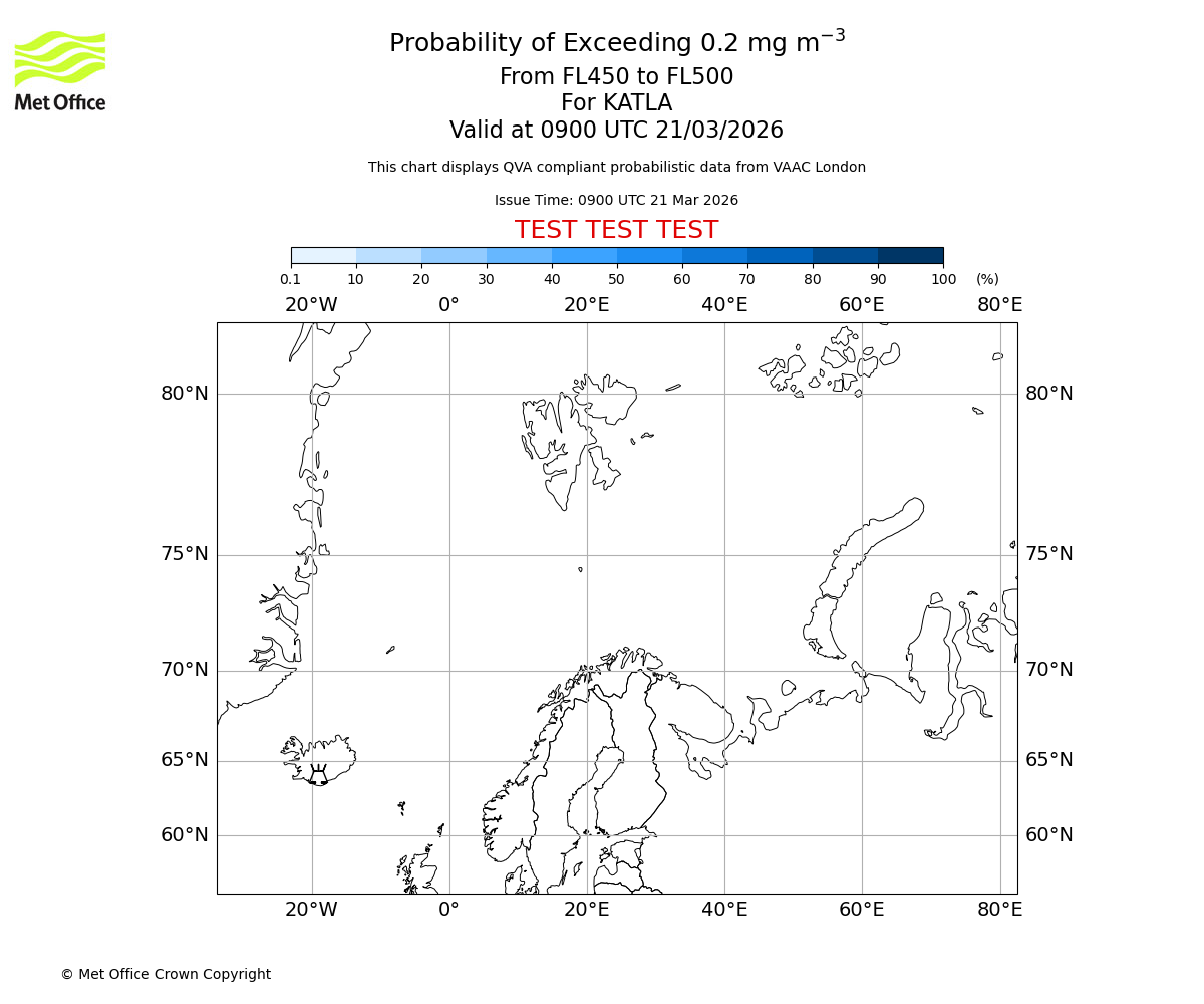 Probability of exceeding 0.2 milligrams per metre cubed. From 450 to 500 for KATLA. Valid at 0900 UTC 21/03/2026