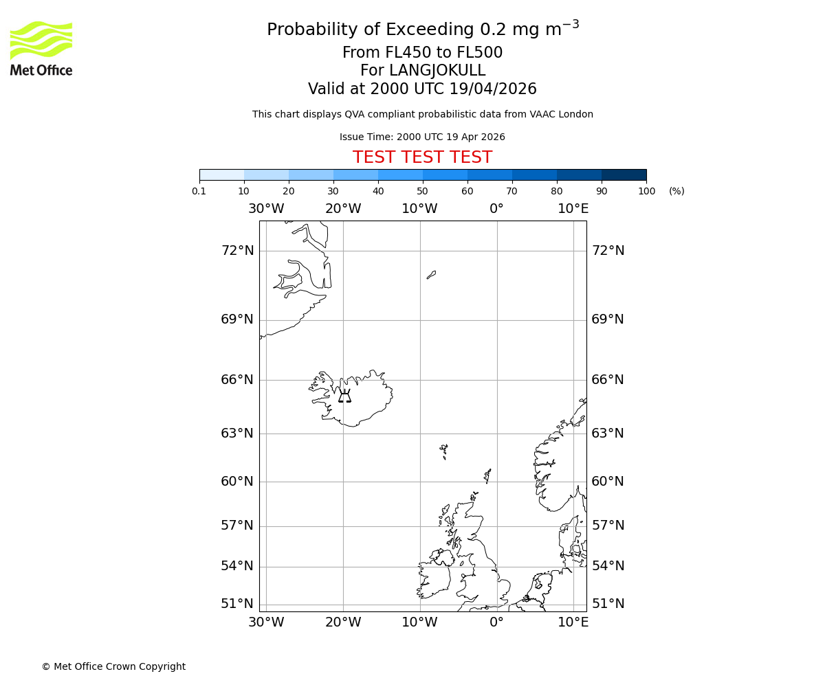 Probability of exceeding 0.2 milligrams per metre cubed. From 450 to 500 for LANGJOKULL. Valid at 2000 UTC 19/04/2026