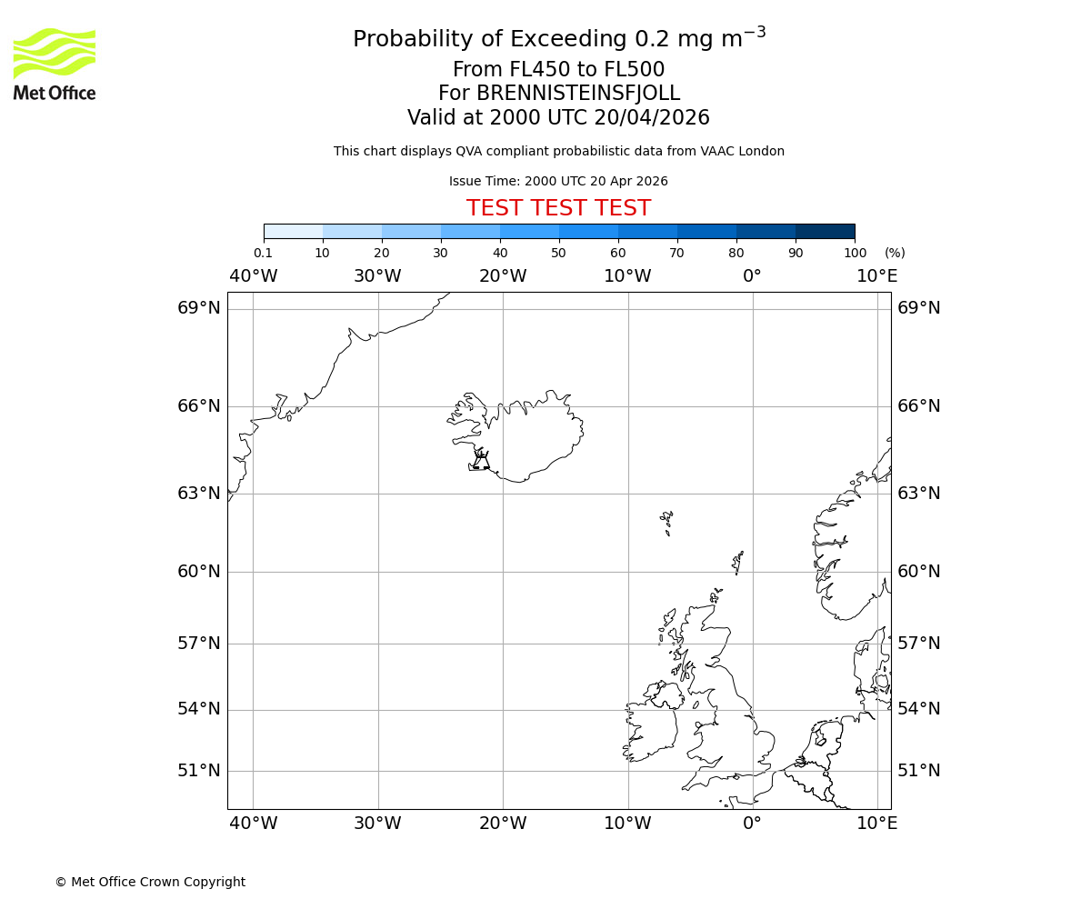 Probability of exceeding 0.2 milligrams per metre cubed. From 450 to 500 for BRENNISTEINSFJOLL. Valid at 2000 UTC 20/04/2026